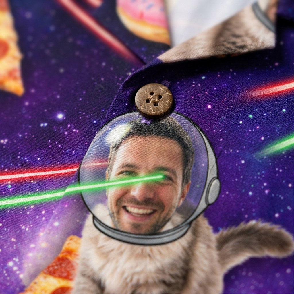 Hawaiian Shirt Space Cat Face detail